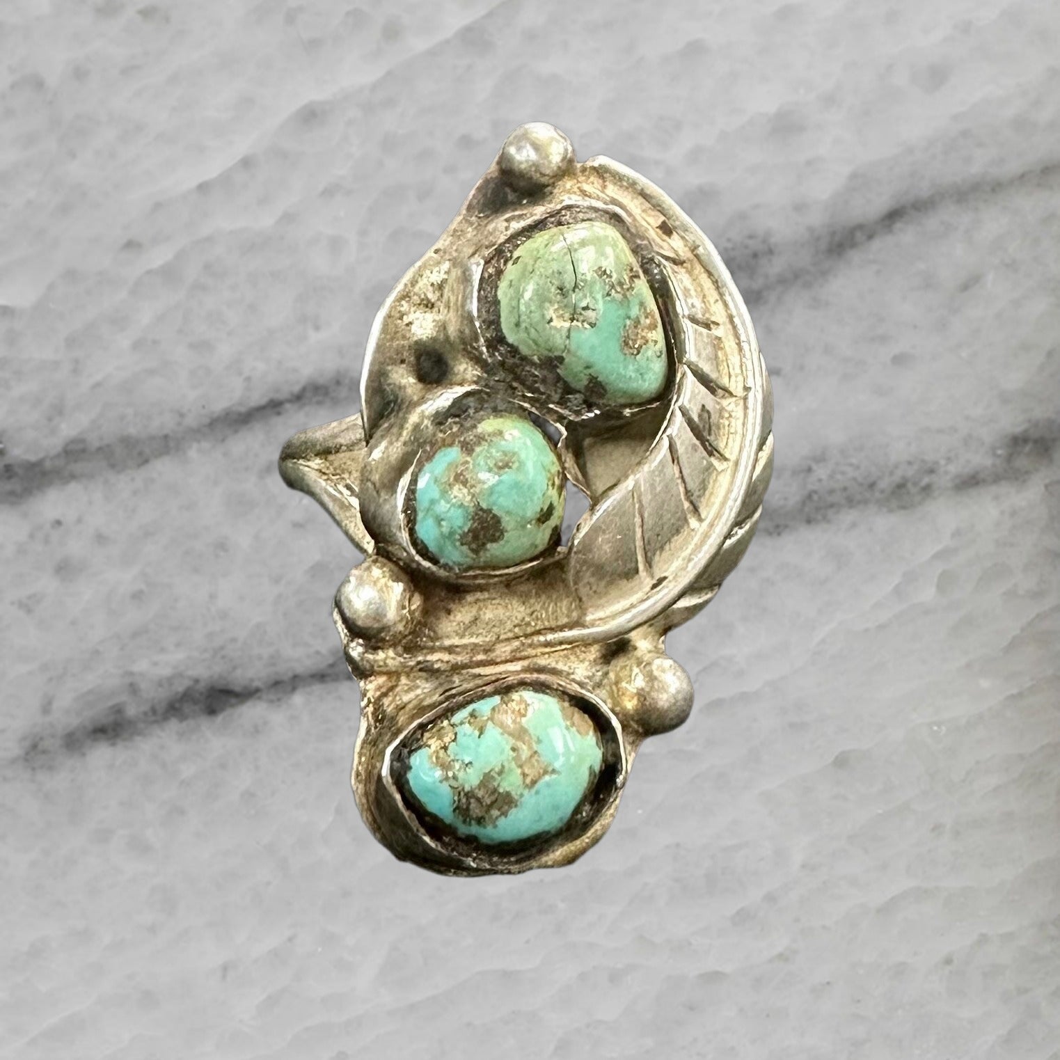 Vintage Navajo Sterling Silver Triple Turquoise Leaf Ring Size 6.5