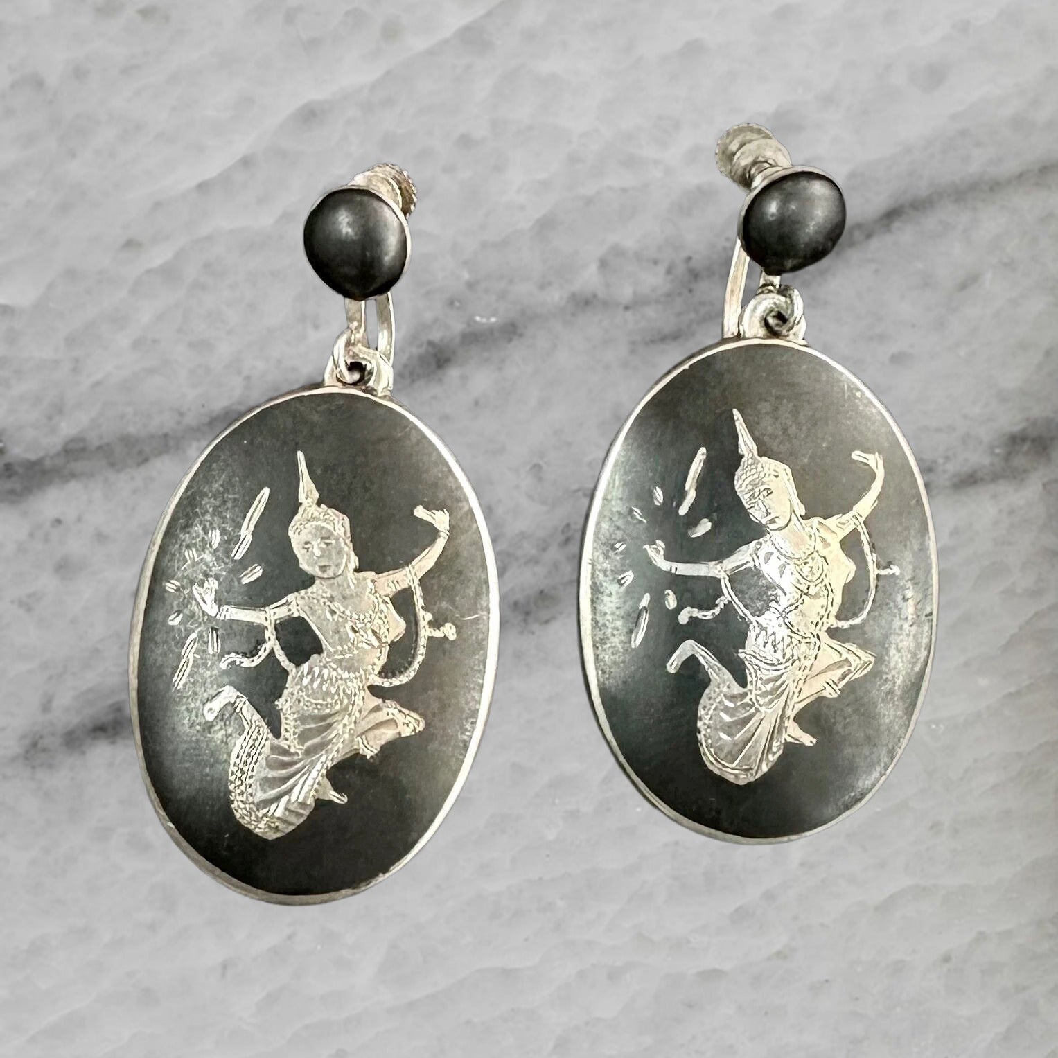 Vintage Siam Niello Sterling Silver Dancing Woman Ear Clip Earrings