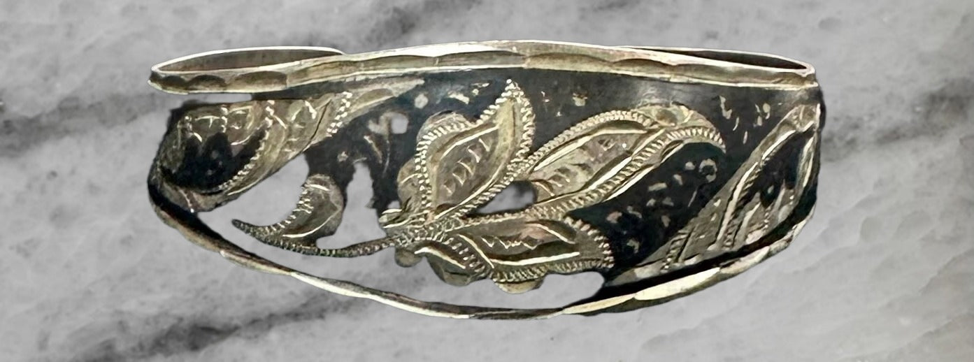 Vintage Silver Siam Niello Cuff Bangle Bracelet 7 5