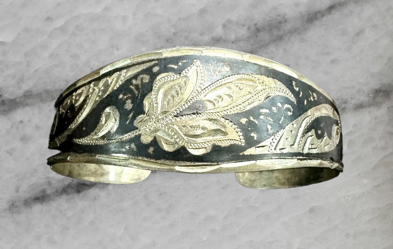 Vintage Silver Siam Niello Cuff Bangle Bracelet 7 5