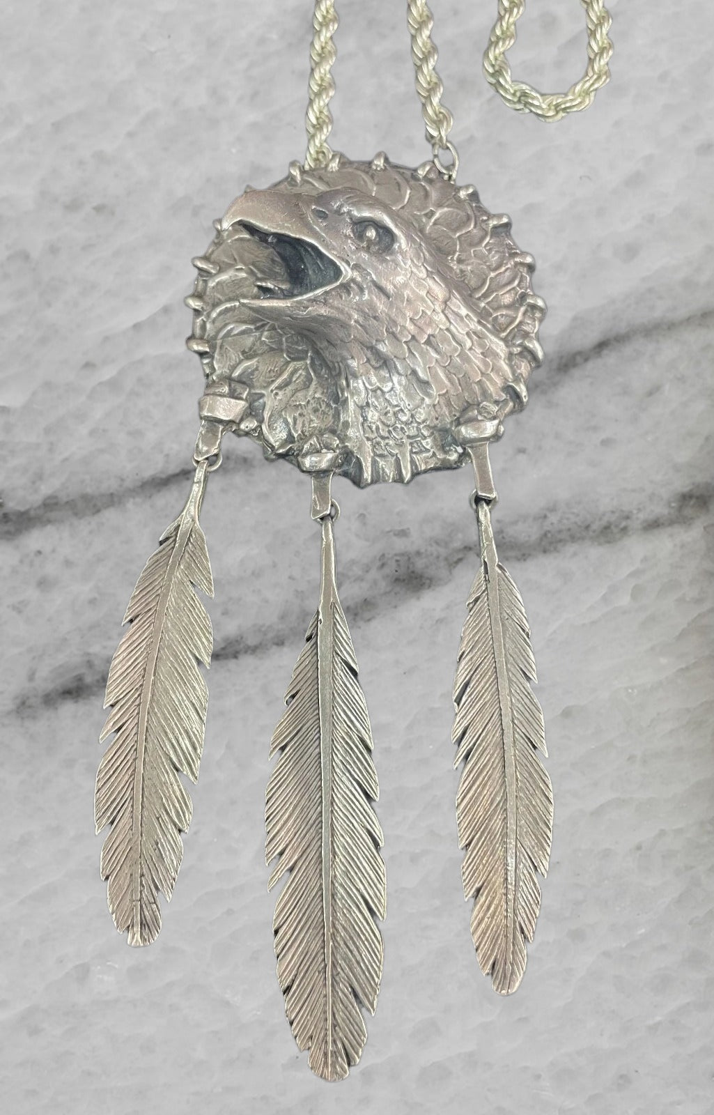 Vintage Stan Bentall Sterling Silver Eagle Feathers Pendant Brooch Rope Chain