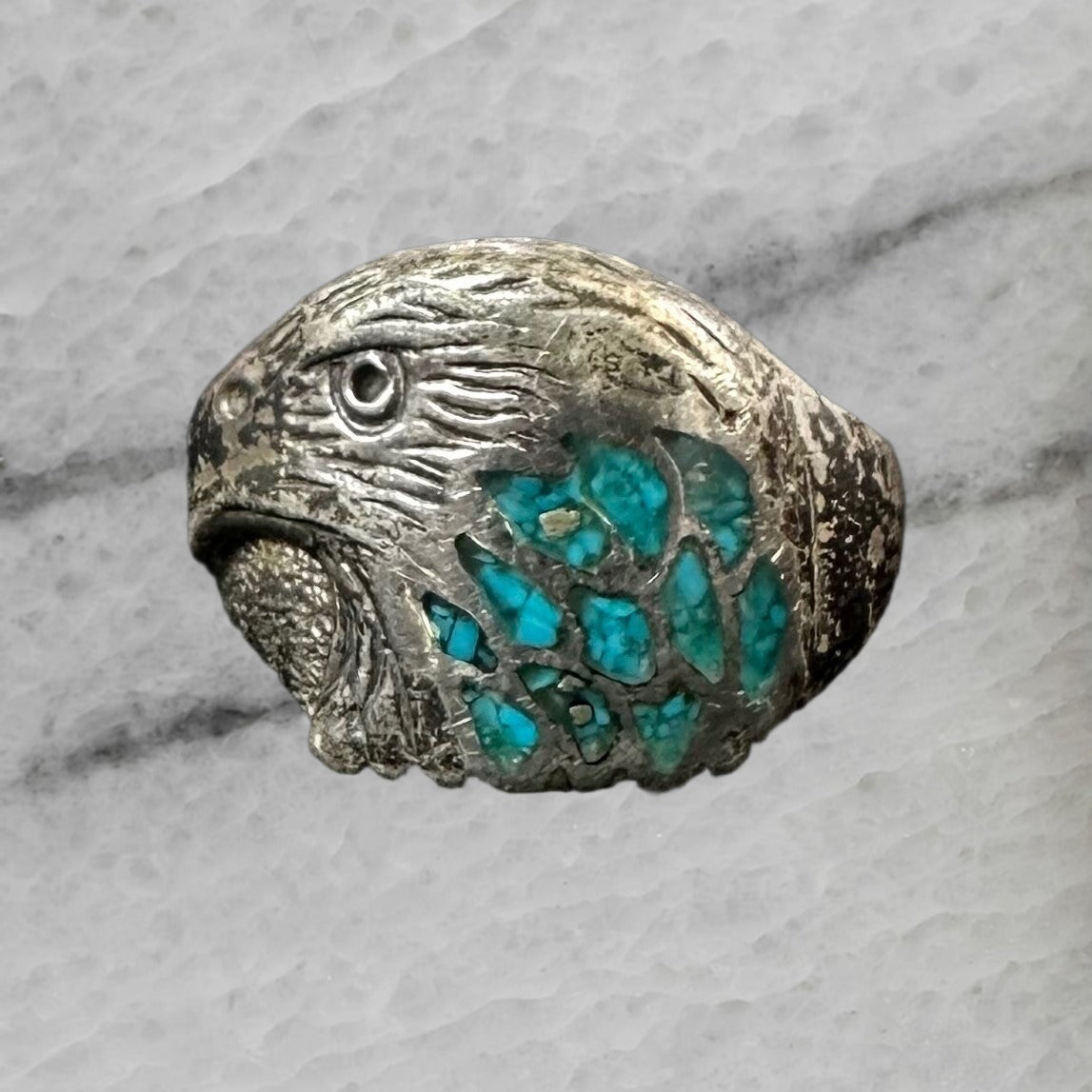 Vintage Sterling Silver Navajo Bald Eagle Crushed Turquoise Inlay Ring Size 10
