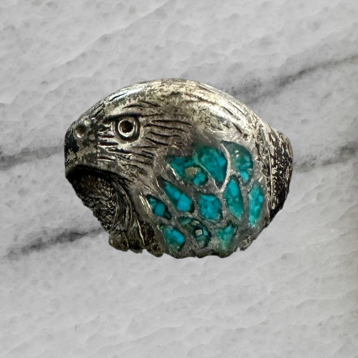 Vintage Sterling Silver Navajo Bald Eagle Crushed Turquoise Inlay Ring Size 10