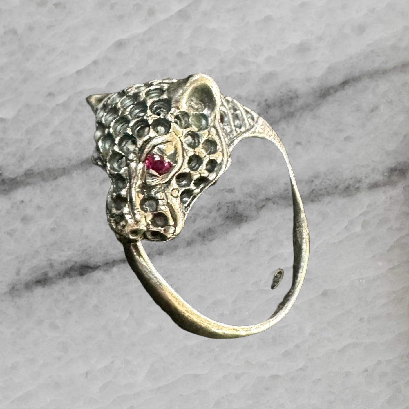 Vintage Sterling Silver Panther Leopard Jaguar Ring w Red Stone Eyes Size 6.5