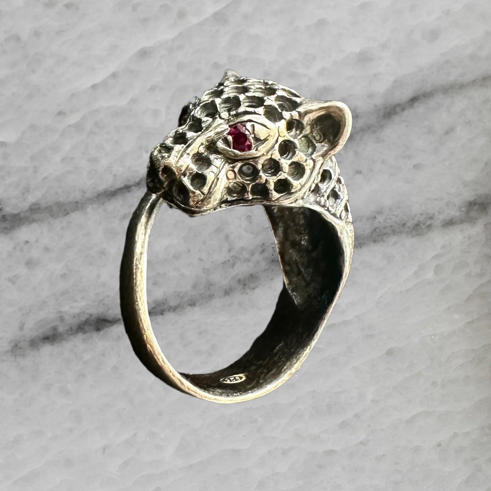 Vintage Sterling Silver Panther Leopard Jaguar Ring w Red Stone Eyes Size 6.5