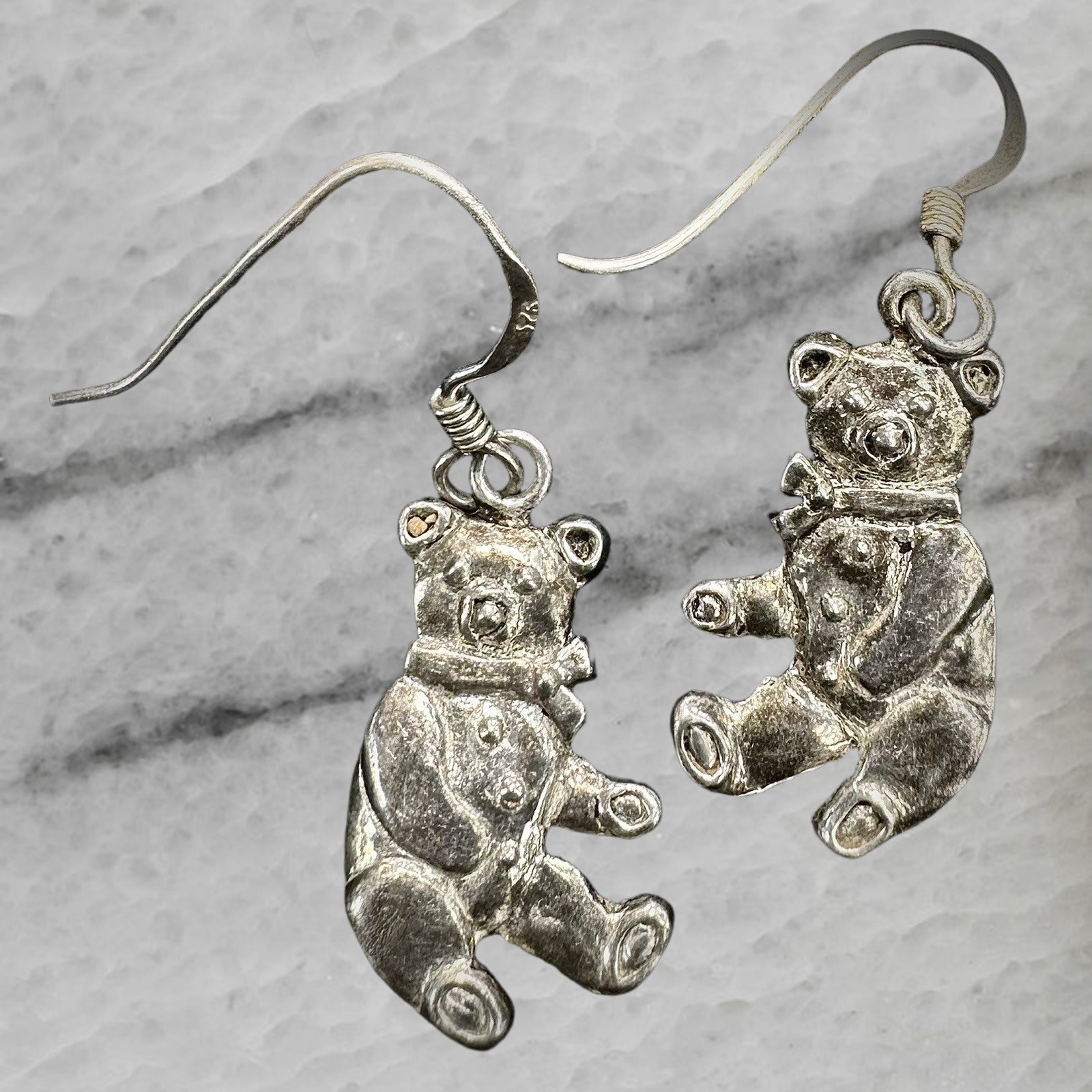 Vintage Sterling Silver Teddy Bear Dangle Hook Earrings