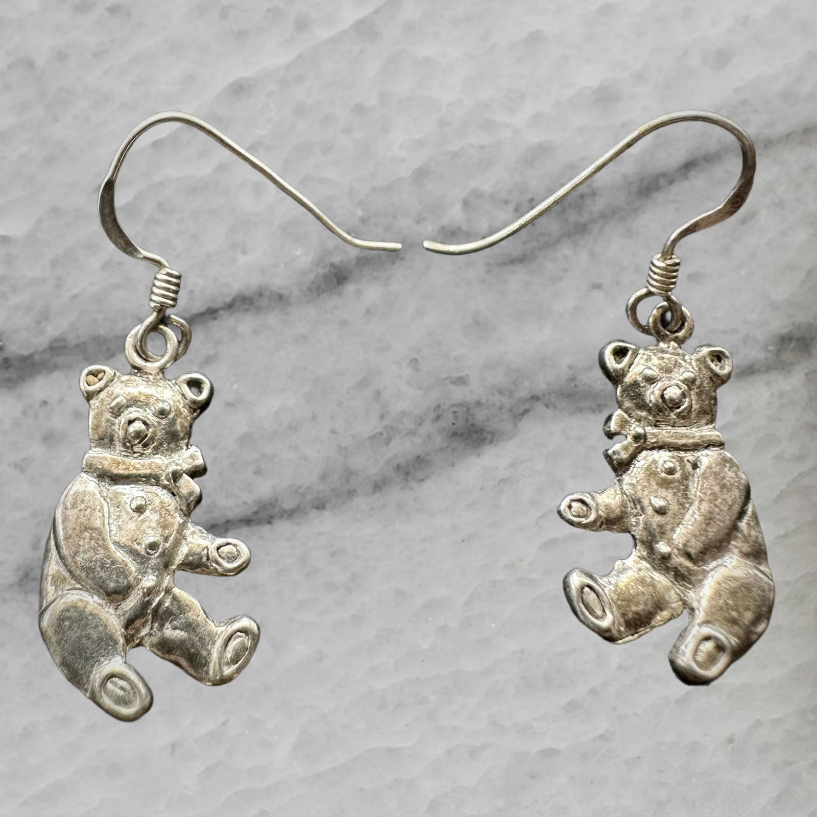 Vintage Sterling Silver Teddy Bear Dangle Hook Earrings
