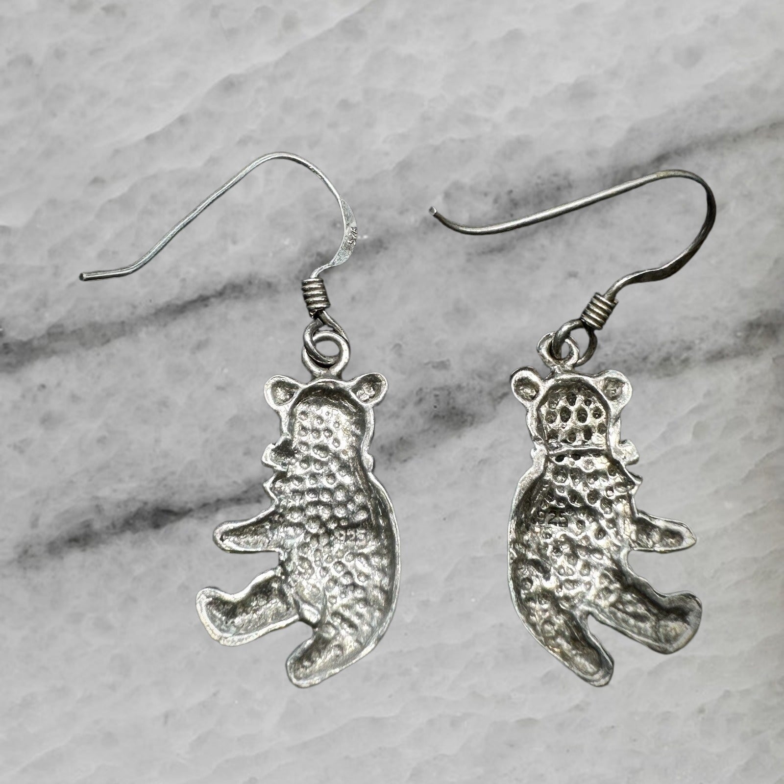 Vintage Sterling Silver Teddy Bear Dangle Hook Earrings
