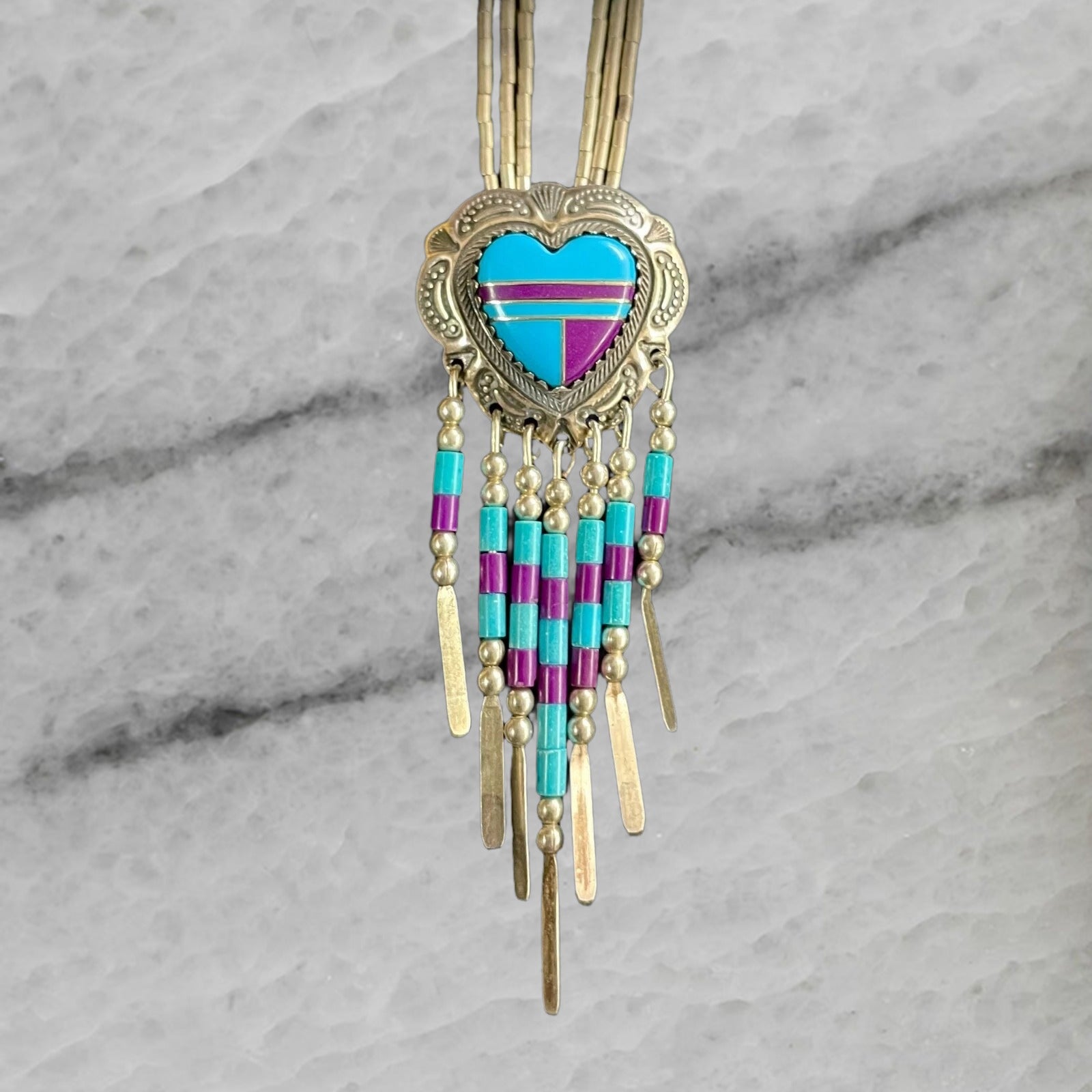 Vintage Sterling Silver Turquoise Heart Inlay Pendant with Chain 24