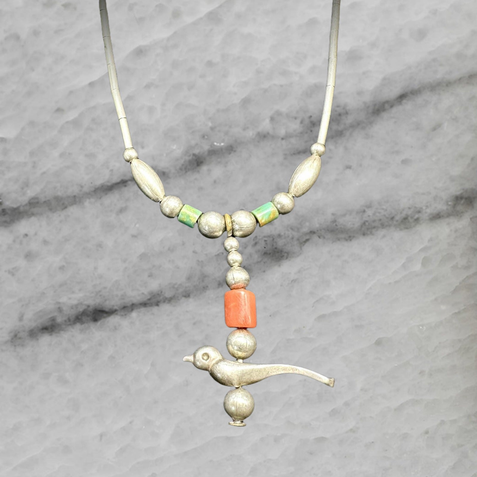 Vintage Sterling Silver Zuni Bird Fetish Bead Necklace 17 25