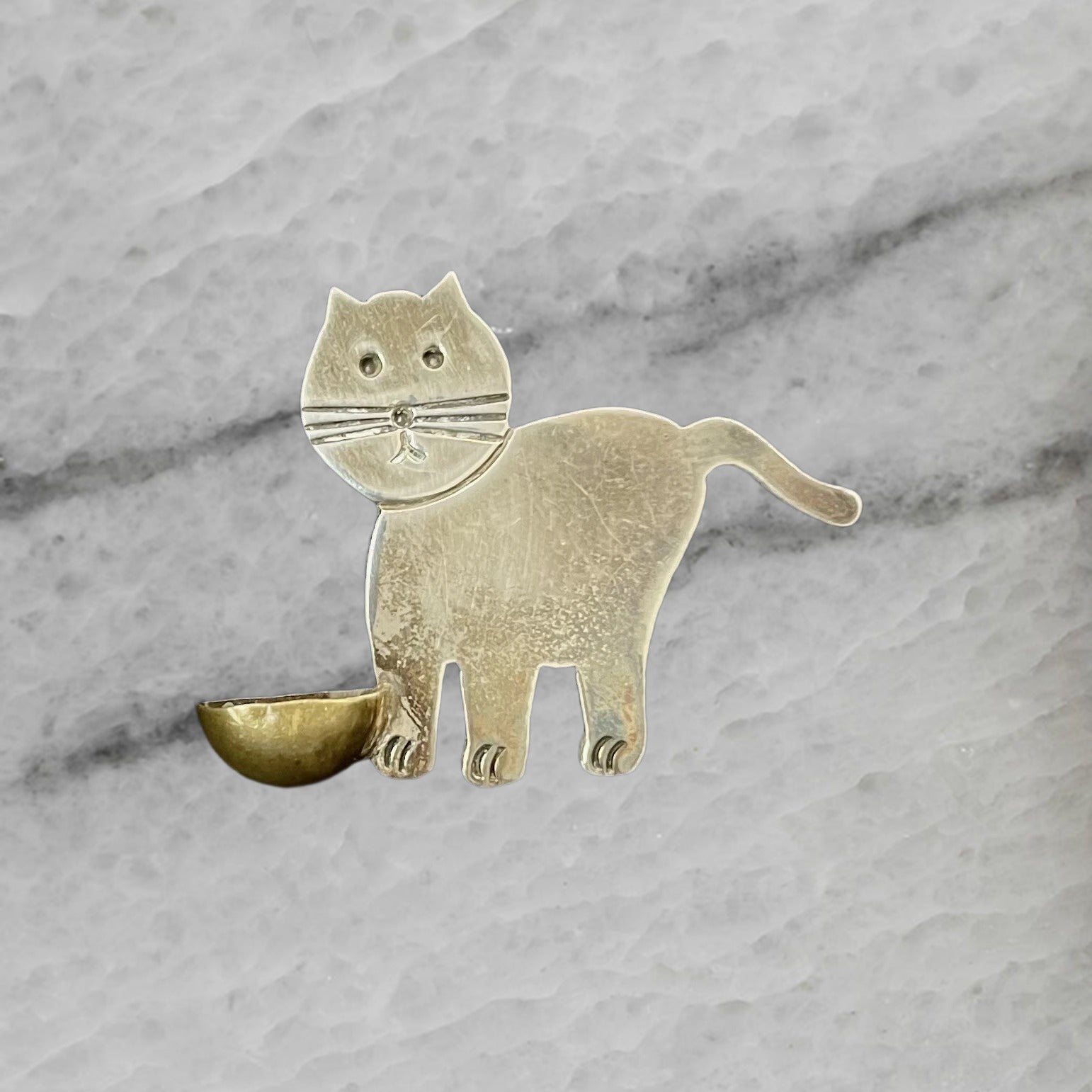 Vintage Taxco 925 Sterling Silver Cat with Brass Bowl Brooch Pin